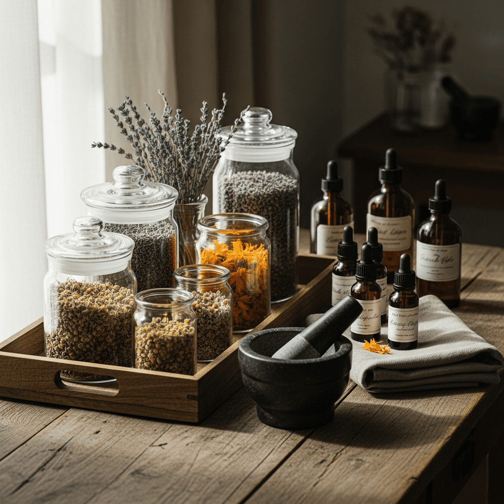 Kit de ingredientes naturais organizados